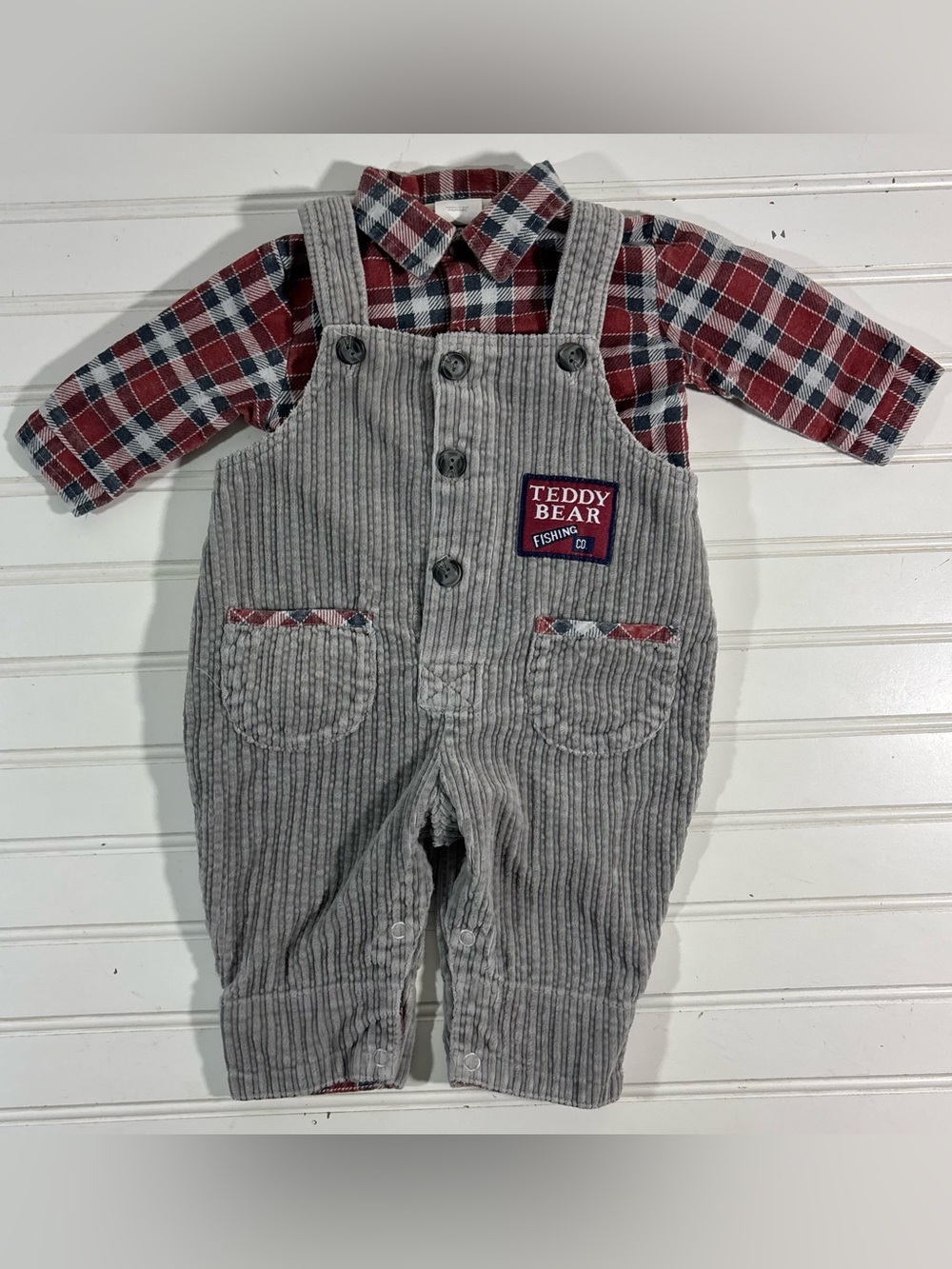 Vintage Baby Togs Gray Corduroy Overalls Plaid Shirt Baby Boys Size 3-6 Months